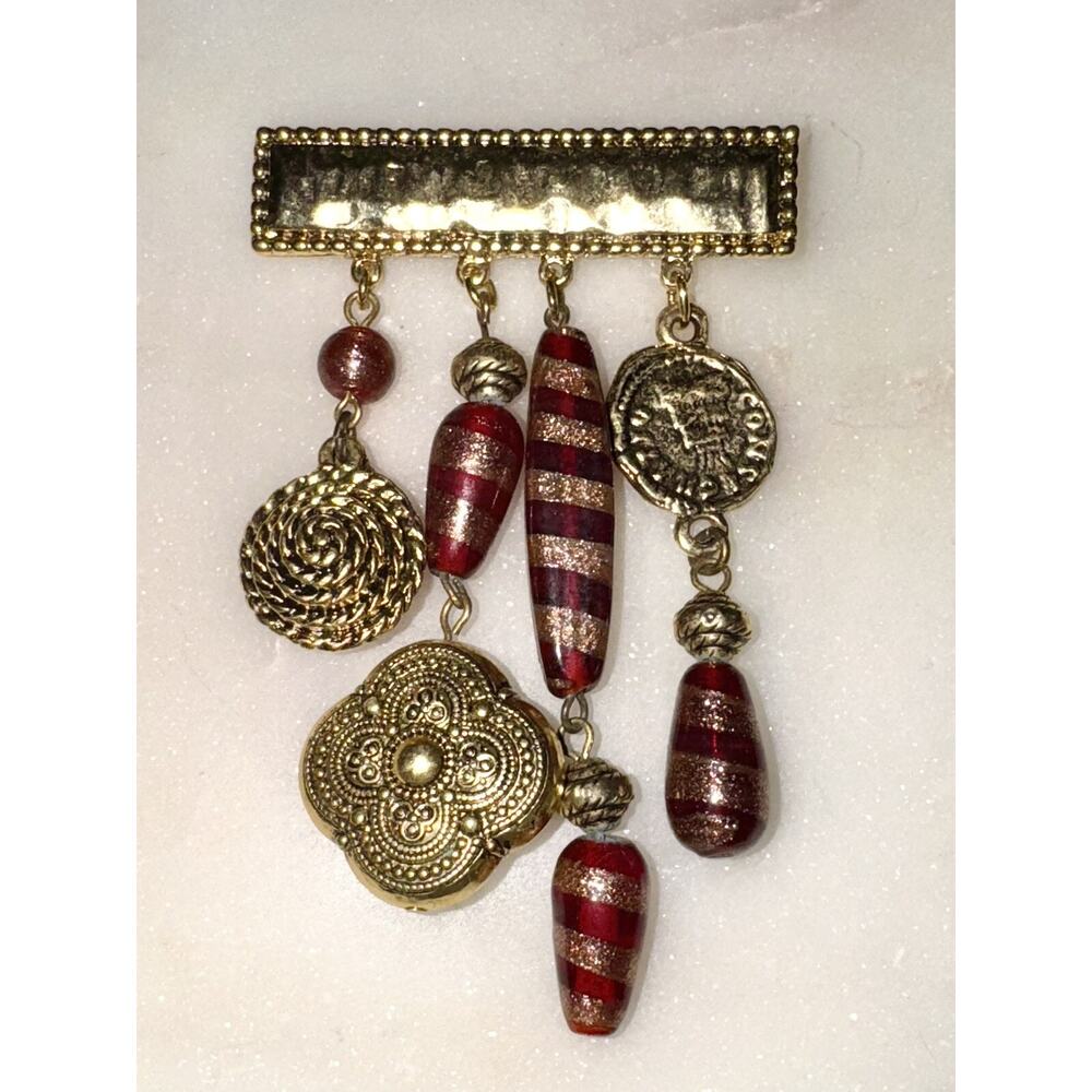 Vintage CACHAREL Bar Pin Brooch w/ Dangling Charms & Dark Red Art Glass Beads